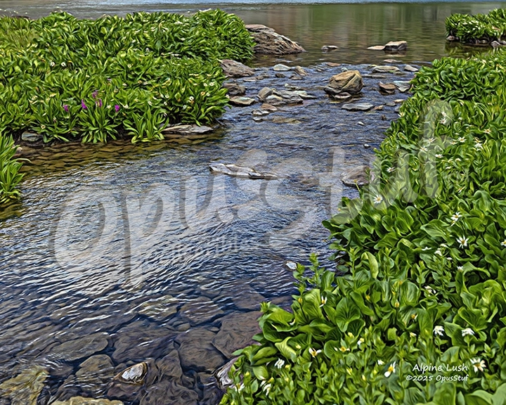 Lush vegetation and crystal clear water at the output of a naturally formed lake
