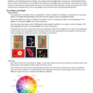 Using a checklist in trying to balance the values of visual weight, color, size, theme, mood, and room match