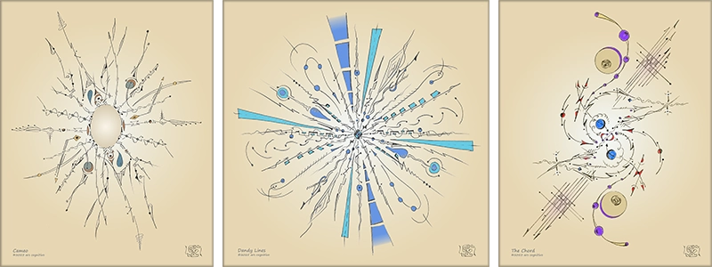 Three ars cognitivo prints, Cameo, Dandy Lines and The Chord with matching colors. Available in stretched canvas and metal prints.