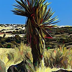 This image is a photograph Yucca plant in New Mexico with an illustrative effect. The effect adds saturated colors set against a clear blue desert sky.