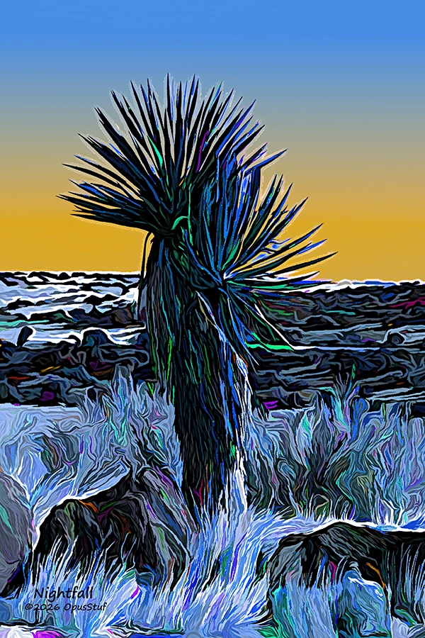 This image is a photograph Yucca plant in New Mexico with an illustrative effect. The effect adds saturated colors against a clear desert sky at dusk.